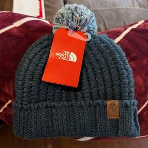 The North Face Blue Knit Beanie with Pom-Pom